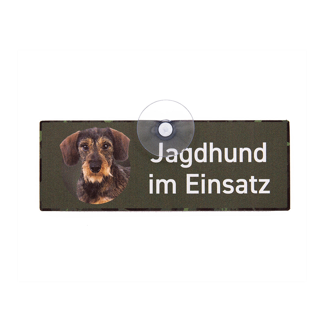 Jagdschild mit Saugnapf  "Jagdhund im Einsatz - Dackel / Teckel Rauhaar"