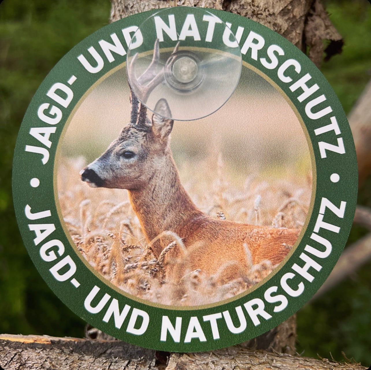 Autoschild rund mit Saugnapf  "Jagd & Naturschutz" Rehbock